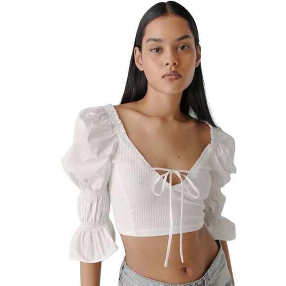 Urban Outfitters Tops - Urban Outfitters Rozi Puff Sleeve Front Tie White Blouse Size XS